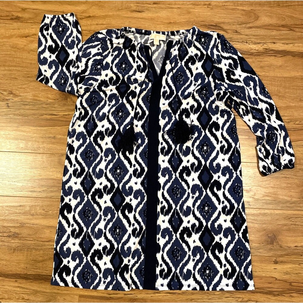 MICHAEL KORS Shift Dress Womens L Large Navy Blue & White Ikat Print Tassel
